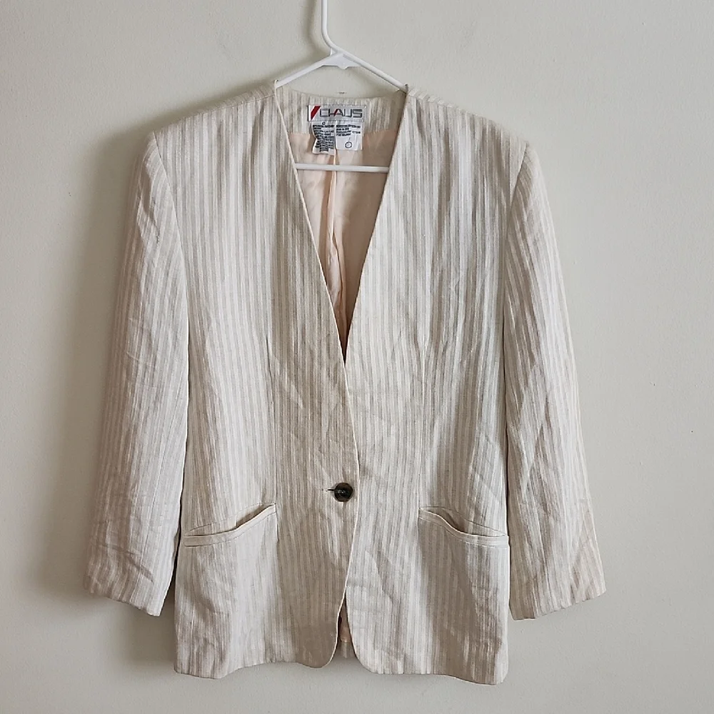 Chaus Vintage Beige Cream Striped Collarless Single Button Blazer Linen Sz 12